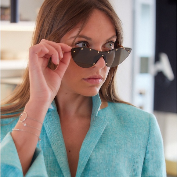 GUCCI  Metal Rimless Star Studded 90mm Cat Eye GG0666S Sunglasses Black Gold - Picture 6 of 13